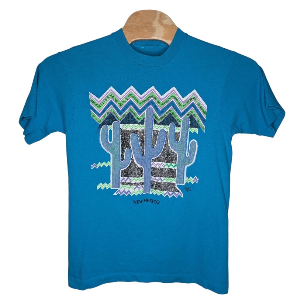 Vintage 1989 New Mexico T Shirt Medium Blue Cactus Desert Single Stitch USA